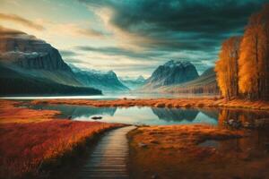 une Lac avec rochers et des arbres dans le premier plan photo