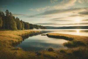 une Montagne et Lac sont réfléchi dans le l'eau photo