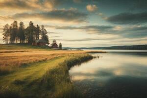 une Lac entouré par des arbres et rochers photo