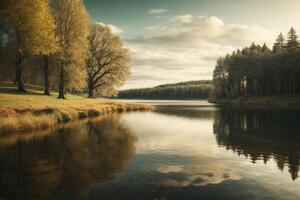 une en bois jetée pistes à une Lac avec une nuageux ciel photo