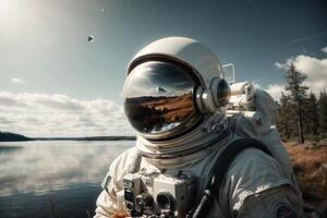 astronaute dans espace costume par le Lac photo