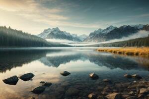 une Lac avec rochers et des arbres dans le premier plan photo