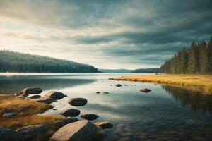 une Lac entouré par des arbres et rochers photo