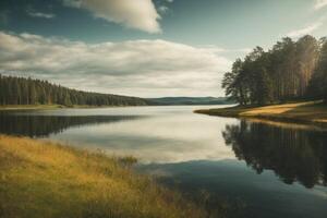 une Lac entouré par des arbres et rochers photo