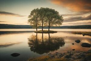 une Lac entouré par des arbres et une nuageux ciel photo