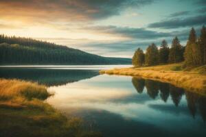 une Lac entouré par des arbres et une nuageux ciel photo