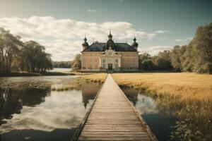 une en bois pont pistes à une grand Château dans le milieu de une Lac photo