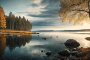 une Lac entouré par des arbres et herbe photo