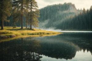 une Lac entouré par des arbres et herbe photo