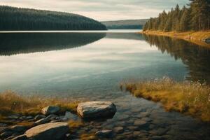 une Lac entouré par des arbres et herbe photo