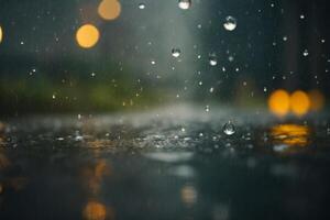 gouttes de pluie sur une rue dans le ville à nuit photo