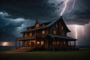 une orageux nuit avec foudre et une maison photo