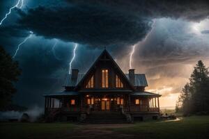 une orageux nuit avec foudre et une maison photo