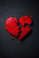 cassé cœur sur noir Contexte avec rouge cœurs photo