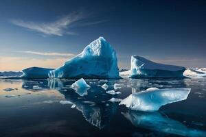 icebergs flotte dans le l'eau à le coucher du soleil photo