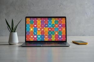 une portable avec beaucoup coloré app Icônes à venir en dehors de il photo