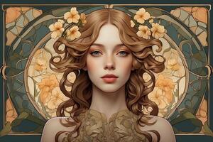 portrait de une fille dans fleurs et art nouveau style photo