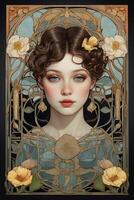 portrait de une fille dans fleurs et art nouveau style photo