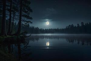 une lune monte plus de une Lac à nuit photo