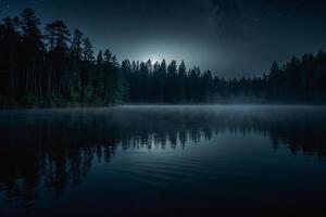 une Lac à nuit avec une lune et étoiles photo