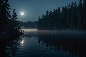 une lune monte plus de une Lac à nuit photo