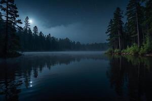 une lune monte plus de une Lac à nuit photo