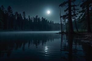 une plein lune monte plus de une Lac à nuit photo