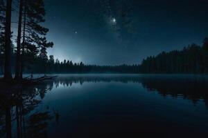 une plein lune monte plus de une Lac à nuit photo