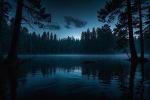 une plein lune monte plus de une Lac à nuit photo