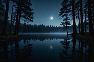 une plein lune monte plus de une Lac à nuit photo