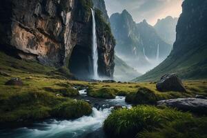 une cascade dans le milieu de une vert vallée photo