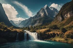 une cascade dans le montagnes avec une bleu ciel photo