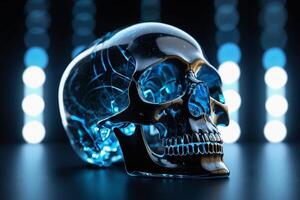 une verre crâne avec bleu lumières sur il photo