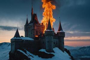 une Château est sur Feu dans le milieu de le neige photo