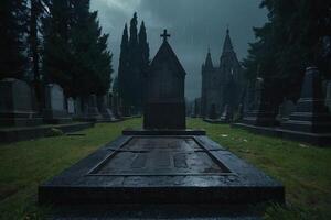 une cimetière avec bougies allumé dans le pluie photo