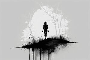 une femme permanent sur une colline avec une arbre dans le Contexte photo