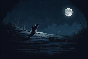 une chat séance sur une colline à la recherche à le lune photo
