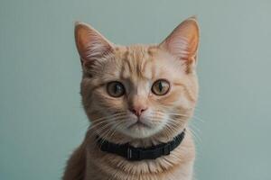 un Orange chat avec une collier sur une vert Contexte photo