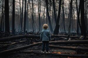 peu garçon permanent dans brûlant forêt, Naturel catastrophe concept photo