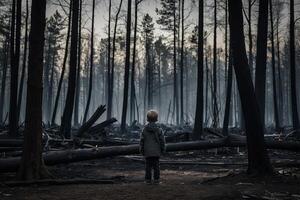 peu garçon permanent dans brûlant forêt, Naturel catastrophe concept photo