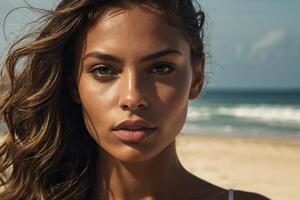 une femme avec longue cheveux sur le plage photo