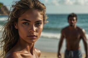 une femme permanent sur le plage avec une homme dans le Contexte photo