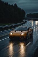 une des sports voiture conduite vers le bas une humide route à nuit photo