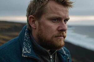 une homme avec une barbe et bleu veste permanent près le océan photo