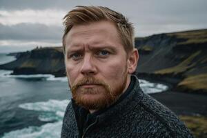 une homme avec une barbe et rouge cheveux permanent dans de face de le océan photo