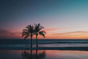 deux paume des arbres sur le plage à le coucher du soleil photo