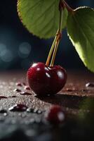 une Cerise est séance sur une table avec l'eau gouttelettes photo