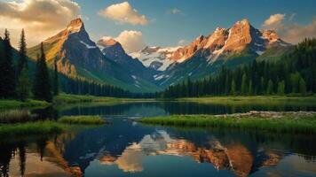 une La peinture de une Montagne rivière et des arbres photo