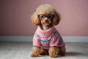 une caniche portant rose des lunettes et une chandail photo