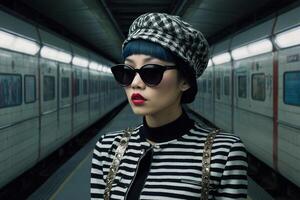 une femme portant des lunettes de soleil et une rayé chapeau des stands dans de face de une métro train photo